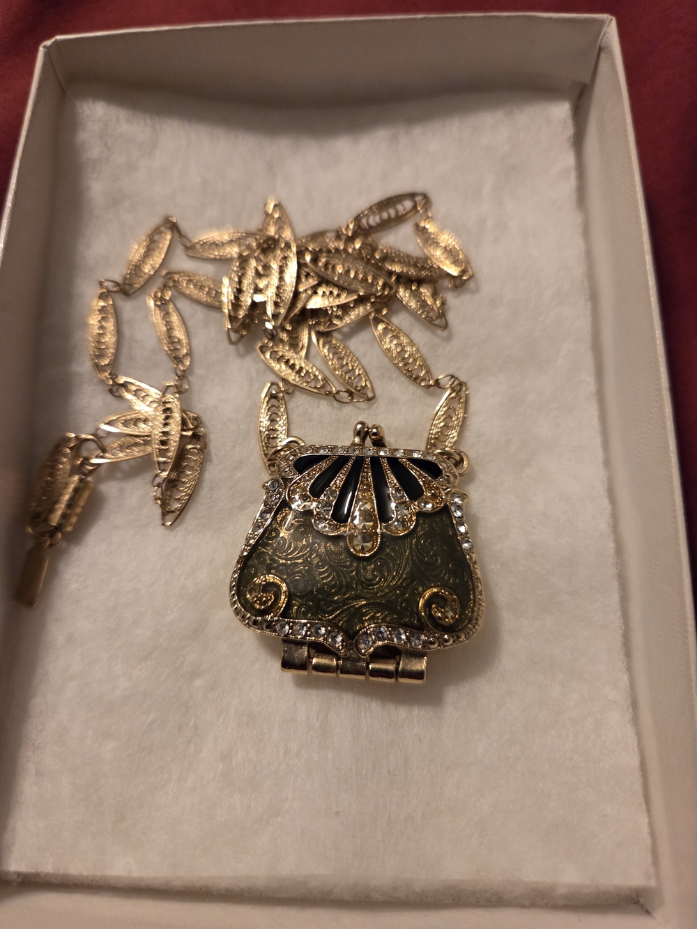 1928 Gold-Tone Green Enamel Locket Necklace And Earrings with Rhinestone Accents